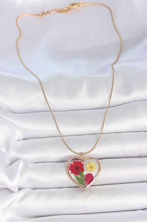 316L Çelik Gold Renk Zincir Epokis Kalp Doğal Çiçek Model Kadın Kolye TJ-BKO10068