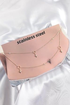 316L Çelik Zirkon Taşlı Kutup Yıldızı Model Gold Renk Göbek Bel Zinciri TJ-BKGZ10344