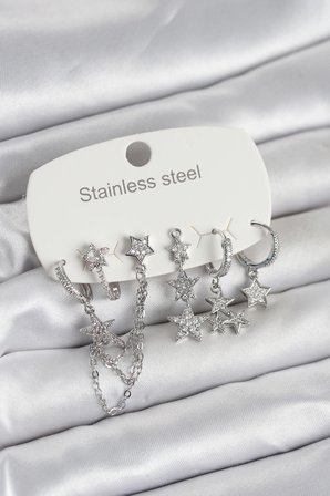316L Çelik Gold Renk 6'lı Set Zincirli Yıldız Modelli Kadın Küpe - TJ-BKP11748