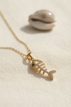 316L Çelik Zincir Gold Renk Minimal Zirkon Taşlı Balık Kılçığı Kolye TJ-BKO11184
