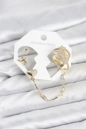 Kalp Yıldız Model Pirinç Gold Renk Zincir Bağlantılı Ear Cuff Küpe Seti TJ-BKP11547