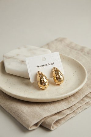 316L Çelik Gold Renk Taşlı Damla Model Küpe TJ-BKP12028