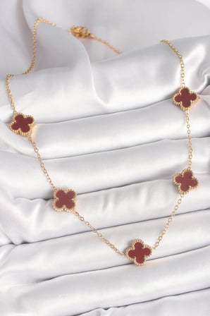 316L Çelik Gold Renk Zincir Bordo Yonca Model Kadın Kolye TJ-BKO9926