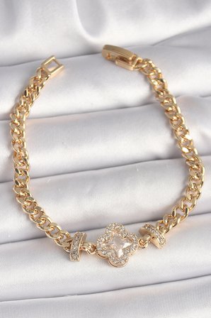 Pirinç Gold Renk Zirkon Taşlı Yonca Figür Zincir Model Kadın Bileklik TJ-BB6818
