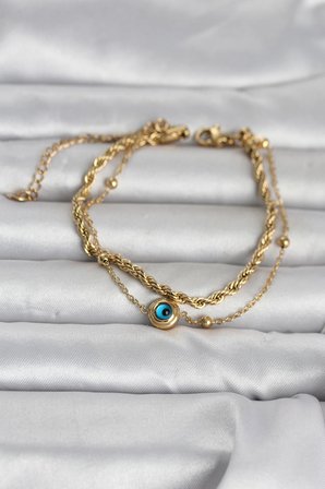 316L Çelik Gold Renk Burgu Zincir ve Nazarlı Kadın Bileklik TJ-BB8389