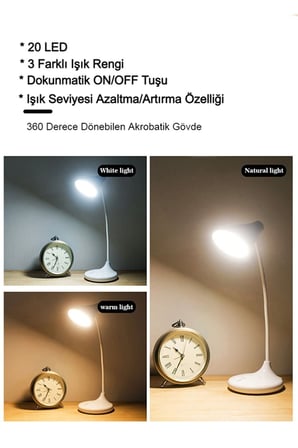 PS-1918 Şarjlı Dokunmatik 20 Led 3 Kademeli Ayarlanabilir Renk Tonu Ve Parlaklık Masa Lambası