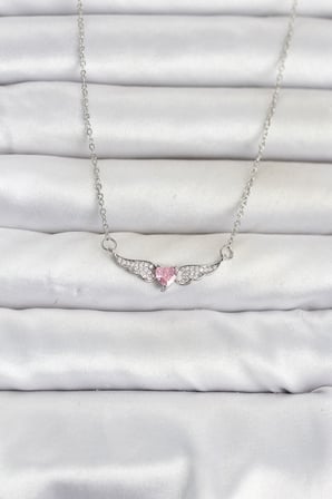 316L Çelik Zincir Gümüş Renk Kanatlı Pembe Kalp Model Kadın Kolye TJ-BKO11075