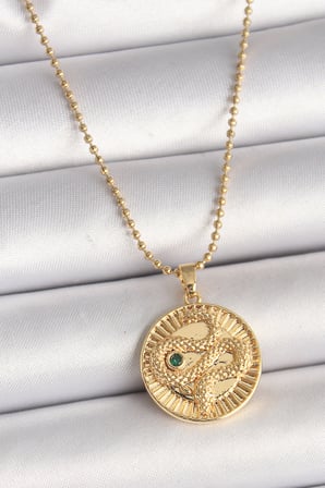 316L Çelik Gold Renk Topçuk Zincir Yılan İşlemeli Zirkon Taş Detaylı Madalyon Model Kadın Kolye TJ-BKO9844