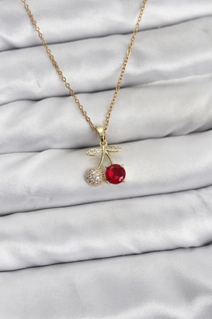 316L Çelik Zincir Gold Renk Kiraz Model Zirkon Taşlı Kadın Kolye TJ-BKO10854