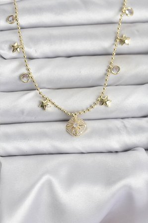 Pirinç Gold Renk Zirkon Taşlı Kutup Yıldızı Model Kadın Kolye - TJ-BKO10647