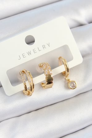Pirinç Zirkon Taşlı Halka Model Gold Renk 3'lü Çift Kadın Küpe Set TJ-BKP10826