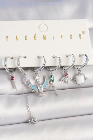 Pirinç Gümüş Renk Zirkon Taşlı Kuş Figür Çiçek Detay 6'Lı Kadın Kombin Küpe TJ-BKP10454