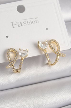 Pirinç Gold Renk Düğüm Model Zirkon Taşlı Kalp Detay Kadın Küpe TJ-BKP9909