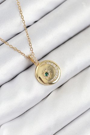 316L Çelik Zirkon Taşlı Ay Ve Güneş Model Gold Renk Kadın Kolye TJ-BKO10539