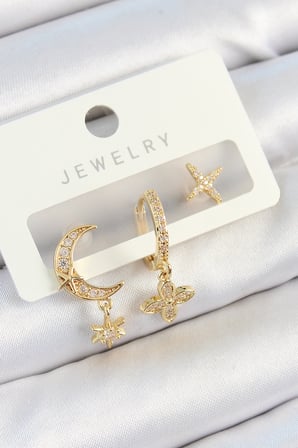 Pirinç Zirkon Taşlı Çiçek Ve Ay Model Gold Renk 3'lü Çift Kadın Küpe Set TJ-BKP10827