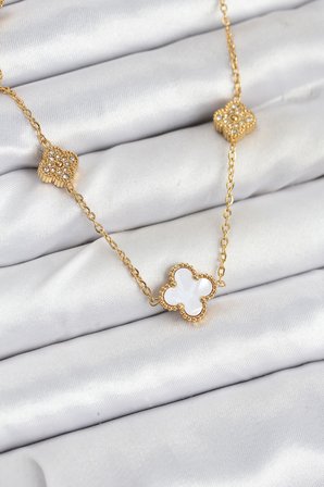 316L Çelik Zincir Gold Renk Beyaz ve Zirkon Taşlı Yonca Kadın Kolye TJ-BKO10590