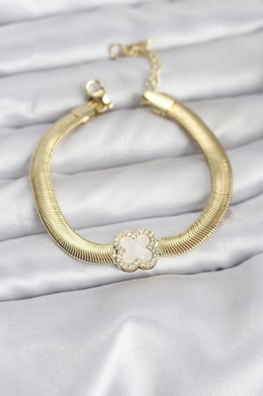 316L Çelik Gold Renk Beyaz Yonca Model Zirkon Taşlı Yılan Zincirli Kadın Bileklik TJ-BB8157