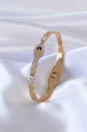 316L Çelik Gold Renk Yılan Model Zirkon Taş Detay Kadın Kelepçe TJ-BB5054