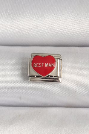 316L Çelik Gümüş Renk 'Best Man' Yazılı Kırmızı Kalp İşlemeli Nomination Charm TJ-BC1208