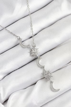 316L Çelik Zirkon Taşlı Güneş Ve Ay Model Gümüş Renk Kadın Kolye TJ-BKO10549
