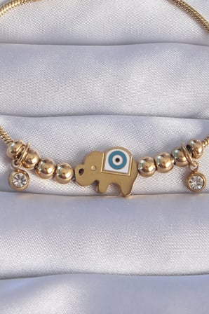 316L Çelik Gold Renk Zirkon Taşlı Nazarlı Fil Tasarımlı Bileklik TJ-BB6202
