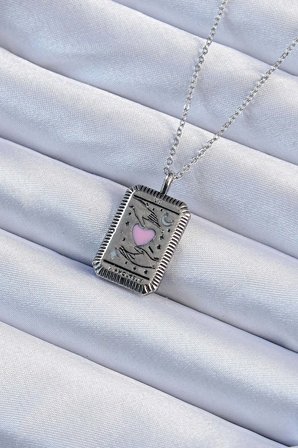 316L Çelik Zincir Eskitme Gümüş Renk Pembe Mineli Kalp Figürlü Tarot Kolye - TJ-BKO9232