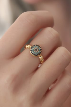 Gold Renk Nazar Boncuk Figür Zirkon Taş Detay Kadın Yüzük TJ-BYK2413