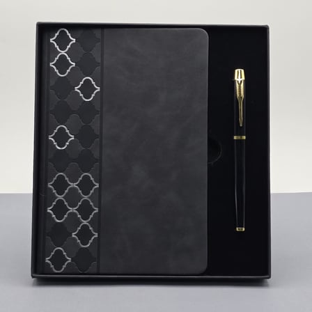 Desenli Siyah Deri Defter Kalem Set