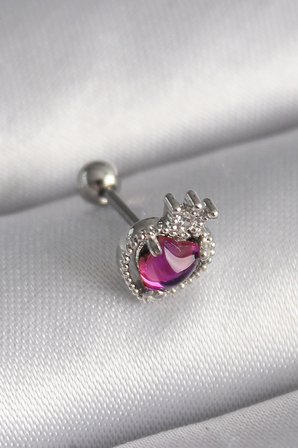 316L Çelik Gümüş Renk Pembe Mineli Kalp Zirkon Taş Detaylı Taç Tragus Piercing TJ-PR1263