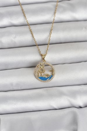 316L Çelik Zincir Gold Renk Zirkon Taşlı Deniz Temalı Kadın Kolye TJ-BKO11032