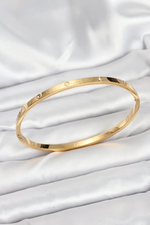 316L Çelik Gold Renk Zirkon Taşlı 65 mm İnce Kadın Kelepçe Bileklik TJ-BB7914