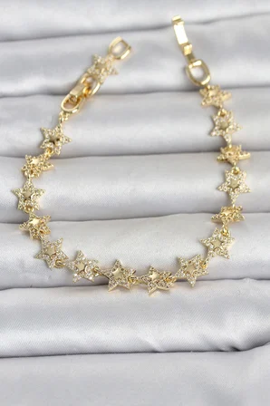 Sıralı Yıldız Model Zirkon Taşlı Gold Renk Pirinç Kadın Bileklik TJ-BB8496