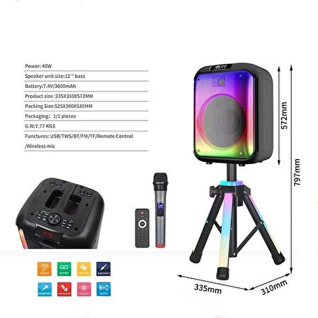 Ndr Sahne Ayaklı Rgb Led Işık Fonksiyonlu 40W Profesyonel Ses Sistemini Taşınabilir Parti Hoparlörü