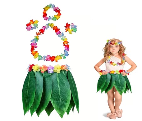 Çocuk Hawaii Kostüm Seti - Yaprak Etek & Hawaii Set - 5 Parça