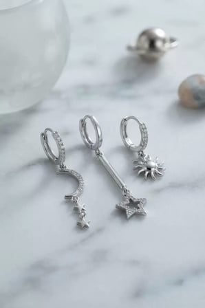 3 lü Set Ay Yıldız ve Güneş Model Gümüş Renk Kadın Küpe TJ-BKP11957