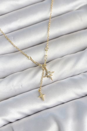 Pirinç Gold Renk Zirkon Taşlı Minimal Sallantılı Kutup Yıldızı Model Kadın Kolye TJ-BKO11143