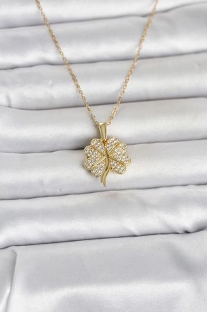 316L Çelik Gold Renk Açılabilir Yonca Model Zirkon Taşlı Kadın Kolye - TJ-BKO11048