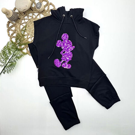 3-4-5 Yaş Kapşonlu Payetli Mickey Desenli Kısa Kol 2li Kız Erkek Çocuk Takımı Siyah