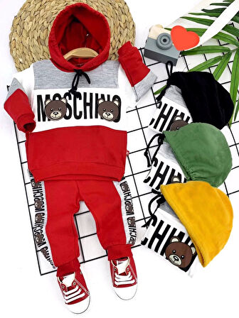 9-12-18-24 Ay Kapşonlu İp Bağlama Baskılı 2li Bebek Takımı Kırmızı