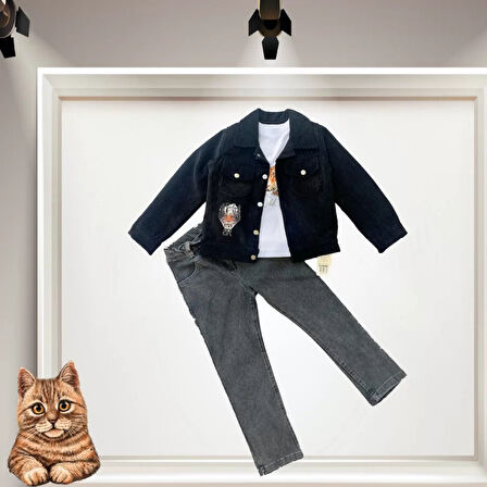 3-4-5 Yaş Fitilli Kadife Ceket Kot Pantolonlu 3lü Kız Erkek Çocuk Takımı Siyah