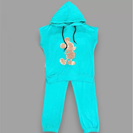 3-4-5 Yaş Kapşonlu Payetli Mickey Desenli Kısa Kol 2li Kız Erkek Çocuk Takımı Turkuaz