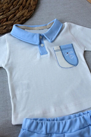 3-6 6-9 9-12 Ay Efendi Nakışlı Cep Şapkalı Uzun Kollu Sweat 3lü Erkek Bebek Takımı Mavi