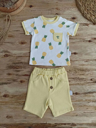 3-6 6-9 9-12 Ay Ananas Baskılı Şort Tişört 2 Li Kız Erkek Bebek Takımı Sarı