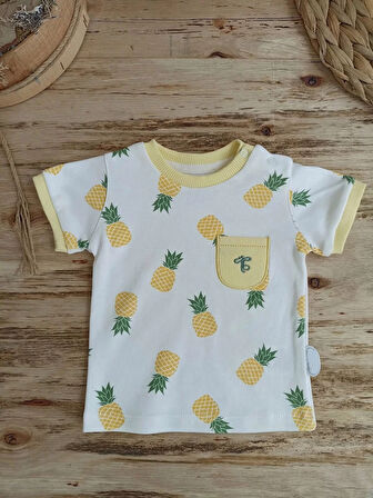 3-6 6-9 9-12 Ay Ananas Baskılı Şort Tişört 2 Li Kız Erkek Bebek Takımı Sarı