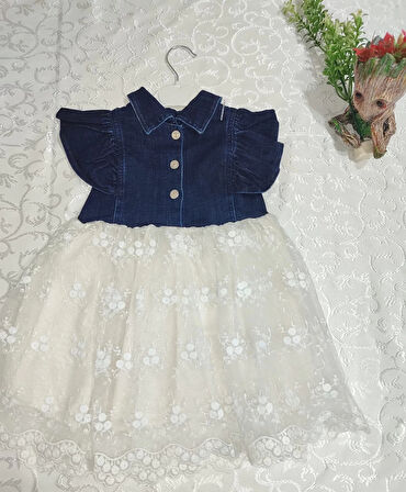 2-3-4 Yaş Astarlı Brode Etekli Kot Kumaş Düğmeli Kız Çocuk Elbisesi Mavi