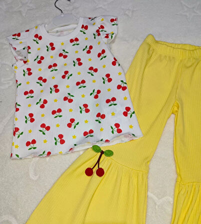 1-2-3-4 Yaş Kiraz Baskılı Tişört İspanyol Paçalı Likralı 2li Kız Çocuk Takımı Sarı