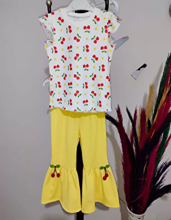 1-2-3-4 Yaş Kiraz Baskılı Tişört İspanyol Paçalı Likralı 2li Kız Çocuk Takımı Sarı