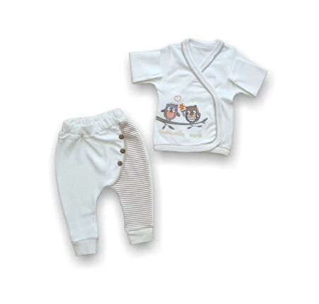 Romantik Çift Baykuş Nakışlı  5li Zıbın Takımı Hastane Çıkışı Ekru