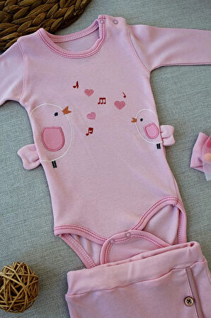 3-6 6-9 9-12 Ay Şarkıcı Kuşlar Nakışlı Bandanalı Uzun Kollu Zıbınlı 3lü Kız Bebek Takımı Pembe