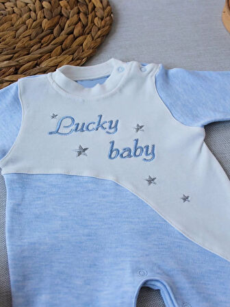 0-3 3-6 Ay Lucky Baby Nakışlı Es Çizgi Boy Şapkalı Erkek Bebek Tulumu Mavi